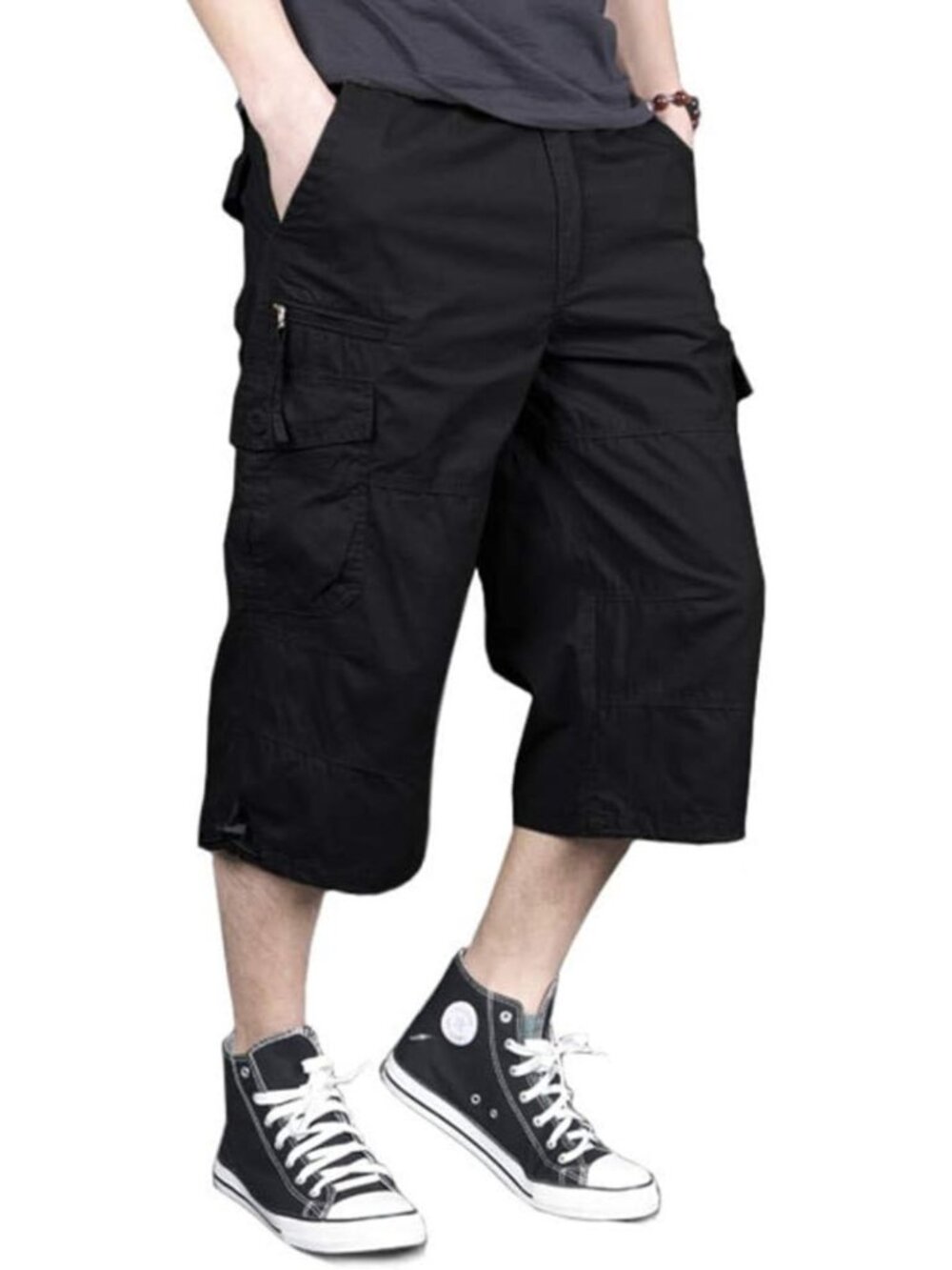 Men's Capri Cargo Shorts - Elastic Waist, Below Knee, Cotton, Multi-Pocket